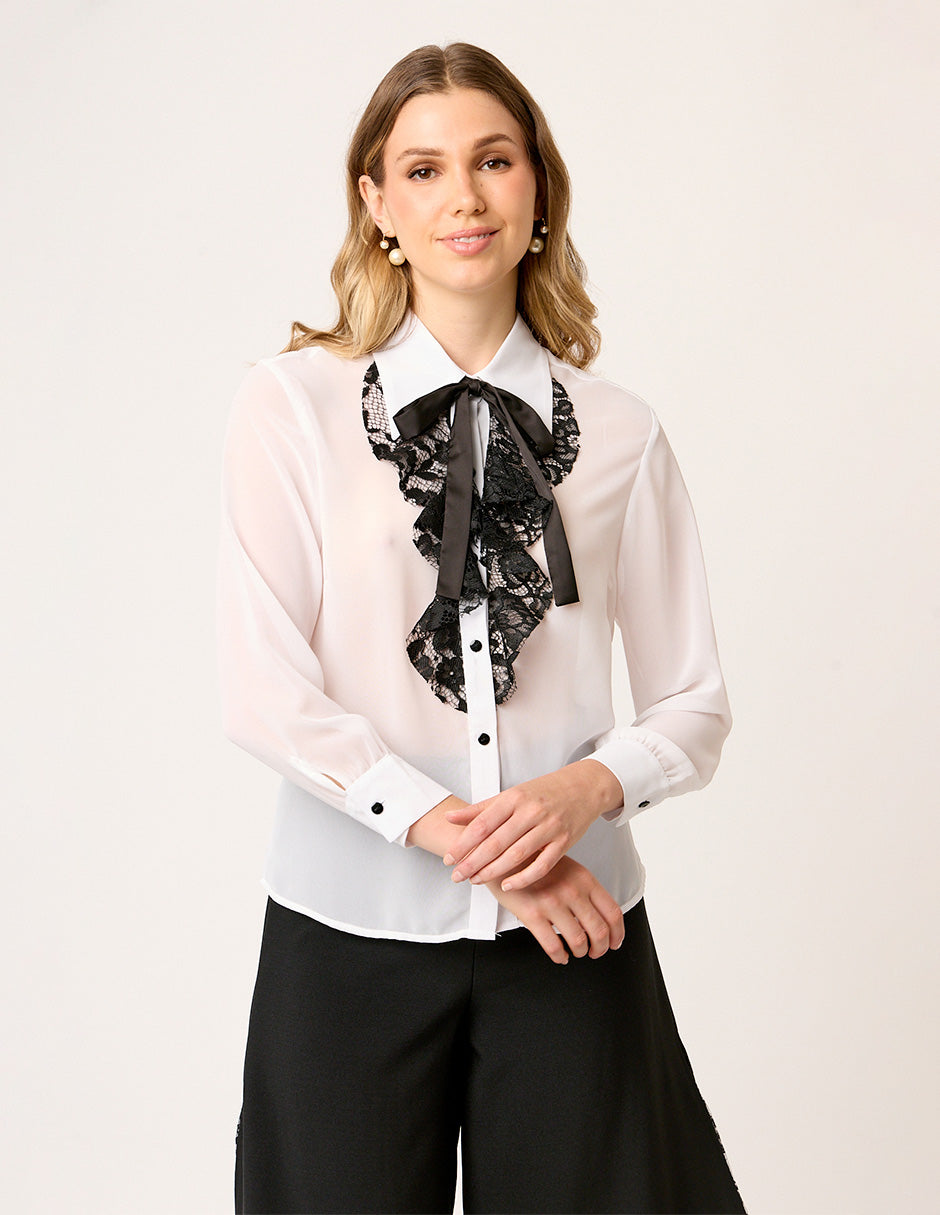 BLUSA CAMISERA DE GASA MANGA LARGA CON OLÁN Y CORBATÍN NEGRO MONTIJO