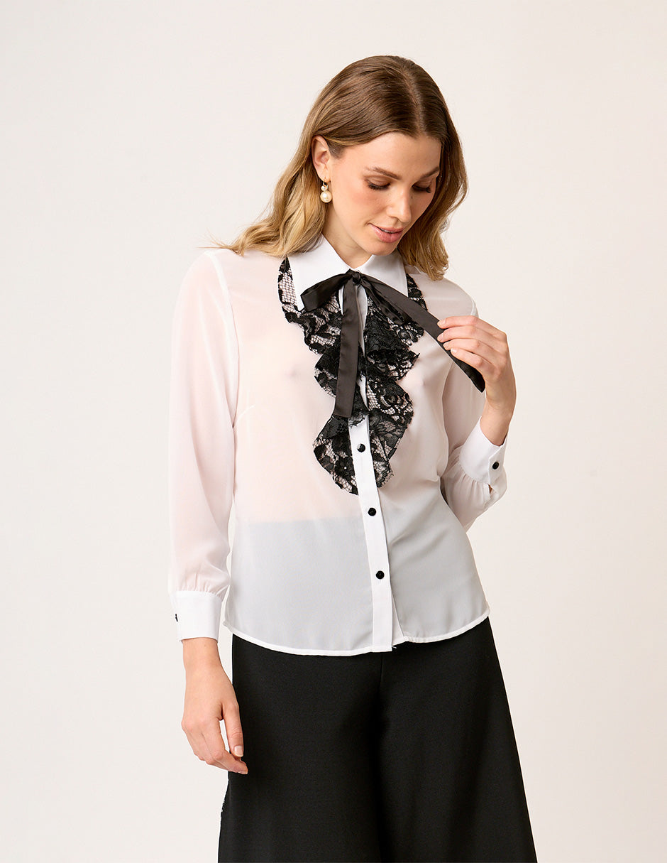 BLUSA CAMISERA DE GASA MANGA LARGA CON OLÁN Y CORBATÍN NEGRO MONTIJO