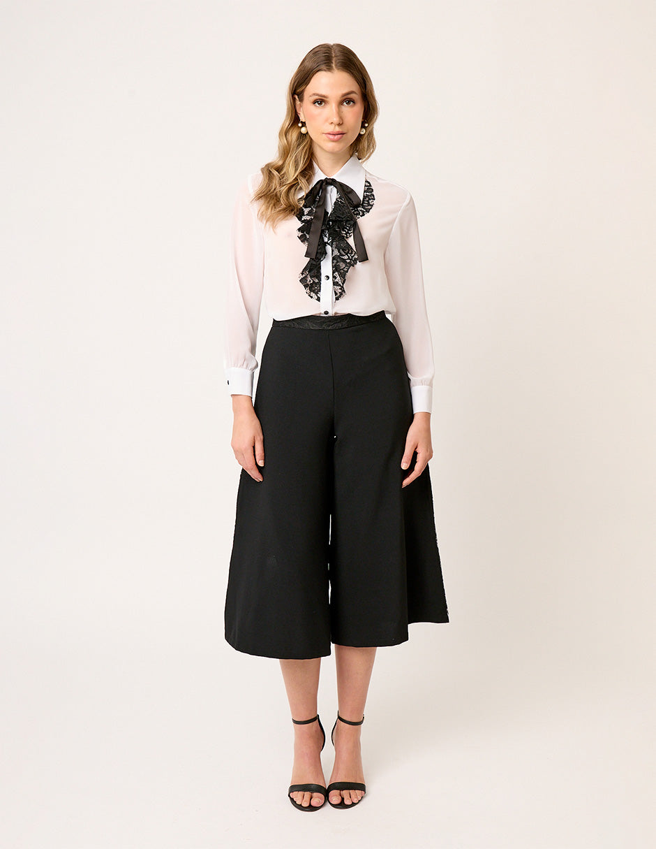 BLUSA CAMISERA DE GASA FORMAL MANGA LARGA CON OLÁN Y CORBATÍN NEGRO MONTIJO