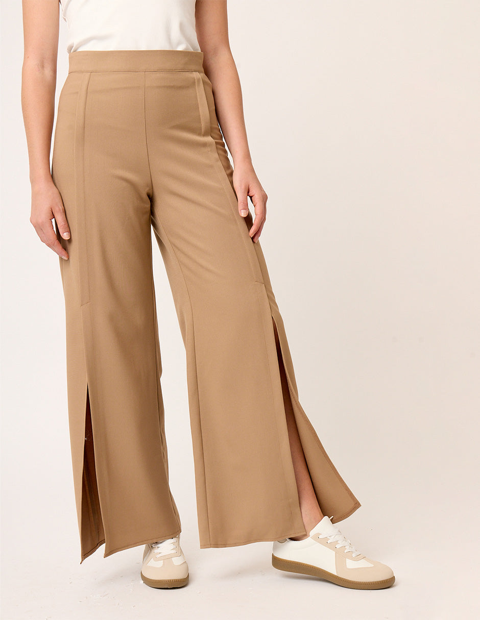 PANTALÓN DE VESTIR RECTO STRETCH COLOR CAMEL CON ABERTURAS HAUSSMAN