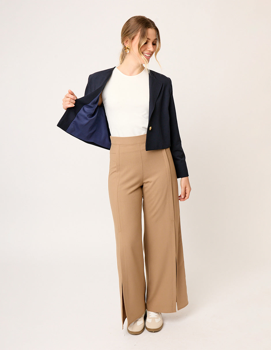 PANTALÓN DE VESTIR RECTO STRETCH COLOR CAMEL CON ABERTURAS HAUSSMAN