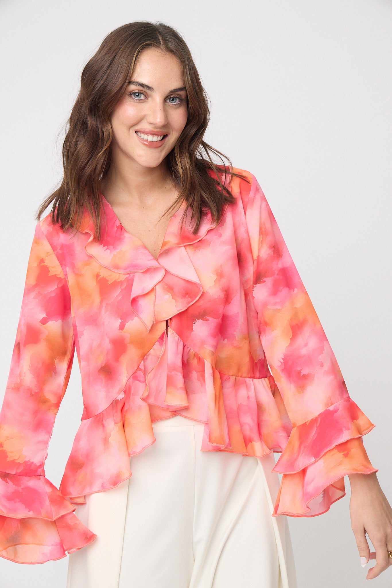 BLUSA FORMAL CASUAL DE GASA ESTAMPADA CON ABERTURA FRONTAL