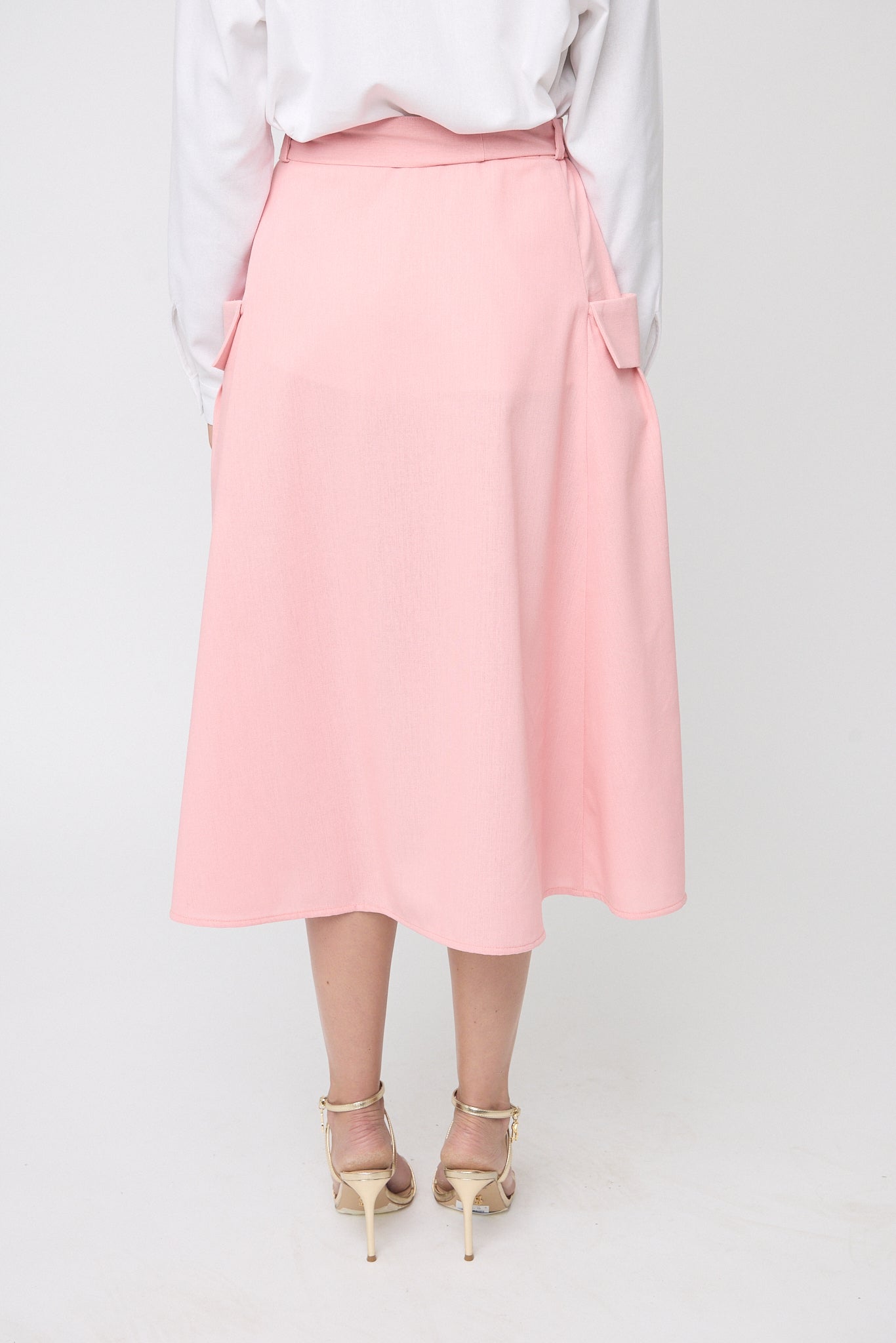 FALDA CASUAL LINEA A DE LINO COLOR ROSA LARGO MIDI