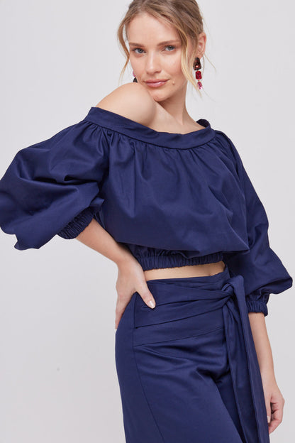 BLUSA STRAPLESS CASUAL AZUL MARINO MANGA LARGA