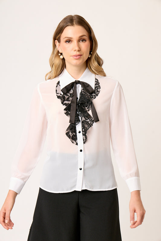 BLUSA CAMISERA DE GASA MANGA LARGA CON OLÁN Y CORBATÍN NEGRO MONTIJO