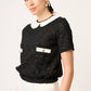 BLUSA NEGRA CASUAL DE TWEED MANGA CORTA CON CUELLO EN SATÍN IVORY LOUVRE