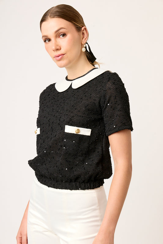 BLUSA NEGRA CASUAL DE TWEED MANGA CORTA CON CUELLO EN SATÍN IVORY LOUVRE