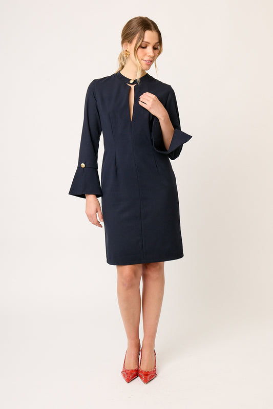 VESTIDO FORMAL RECTO DE MANGA LARGA CON BOTONES DORADOS HAUSSMAN
