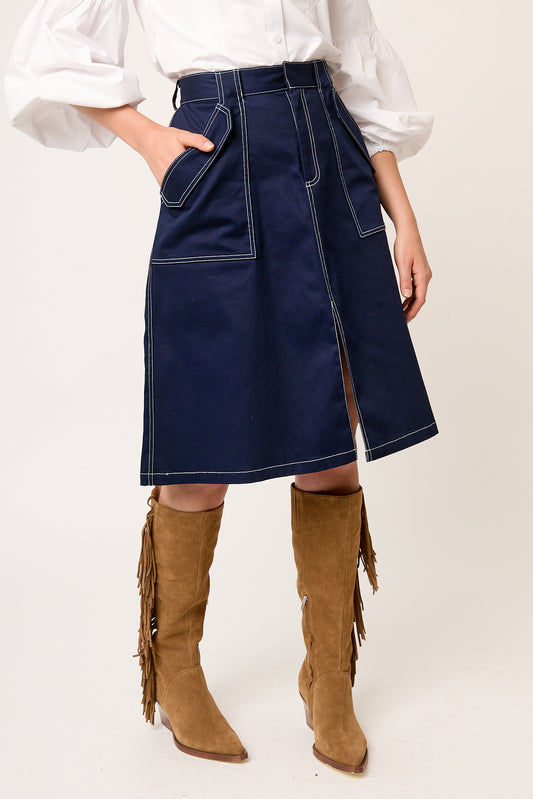 FALDA CASUAL DE GABARDINA AZUL MARINO CON BOLSILLOS Y ABERTURA AL FRENTE VIZIR