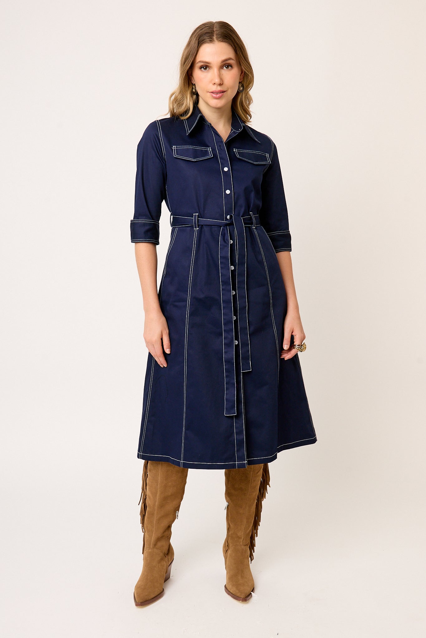 VESTIDO CASUAL CAMISERO DE GABARDINA AZUL MARINO MANGA CORTA VISIR