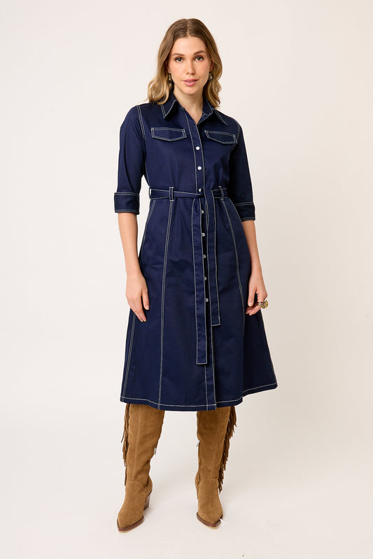 VESTIDO CASUAL CAMISERO DE GABARDINA AZUL MARINO MANGA CORTA VISIR