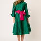 VESTIDO FORMAL CAMISERO VERDE DE TAFETA LARGO MIDI VERT