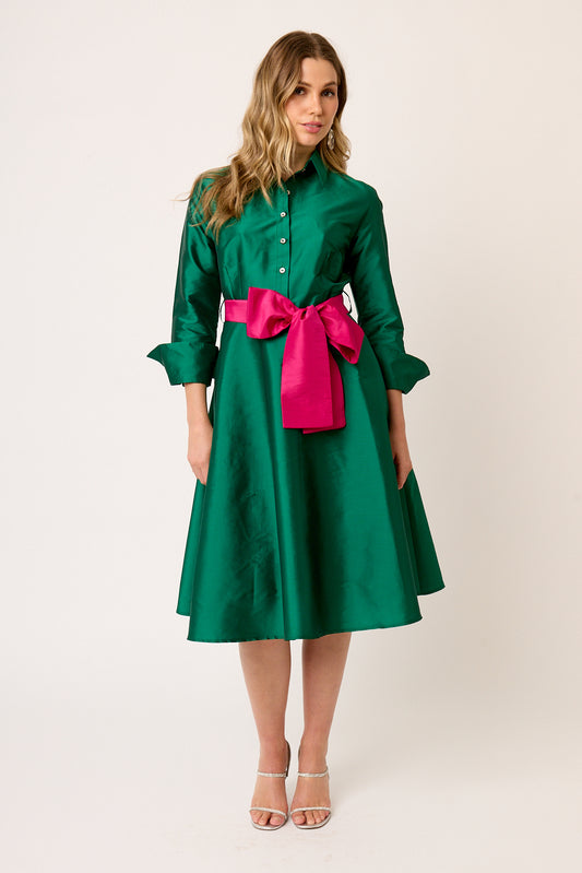 VESTIDO FORMAL CAMISERO VERDE DE TAFETA LARGO MIDI VERT