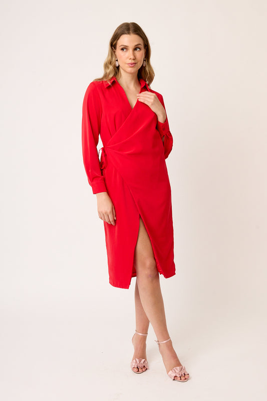 VESTIDO CAMISERO ROJO CRUZADO DE MANGA LARGA Y ABERTURA FRONTAL SAINT GERMAIN