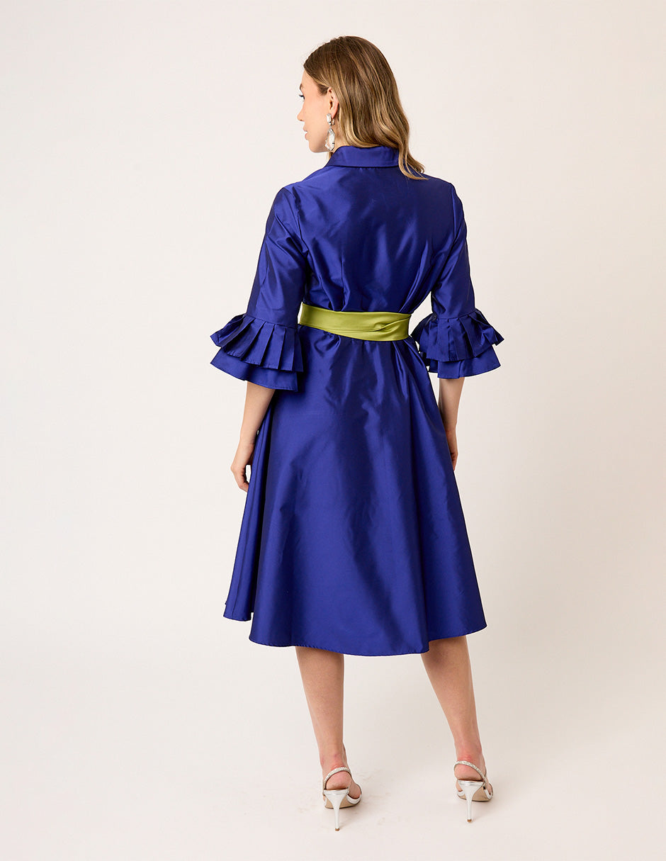 VESTIDO FORMAL CAMISERO DE TAFETA LARGO MIDI CON OLANES EN PUÑO Y CINTURÓN VINCENNES VISTA ESPALDA