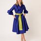 VESTIDO FORMAL CAMISERO DE TAFETA LARGO MIDI CON OLANES EN PUÑO Y CINTURÓN  CON BOLSILLOS VINCENNES