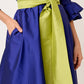 VESTIDO FORMAL CAMISERO DE TAFETA AZUL REY  LARGO MIDI CON OLANES EN PUÑO Y CINTURÓN VINCENNES