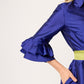 VESTIDO FORMAL CAMISERO DE TAFETA AZUL REY  LARGO MIDI CON OLANES EN PUÑO Y CINTURÓN VINCENNES
