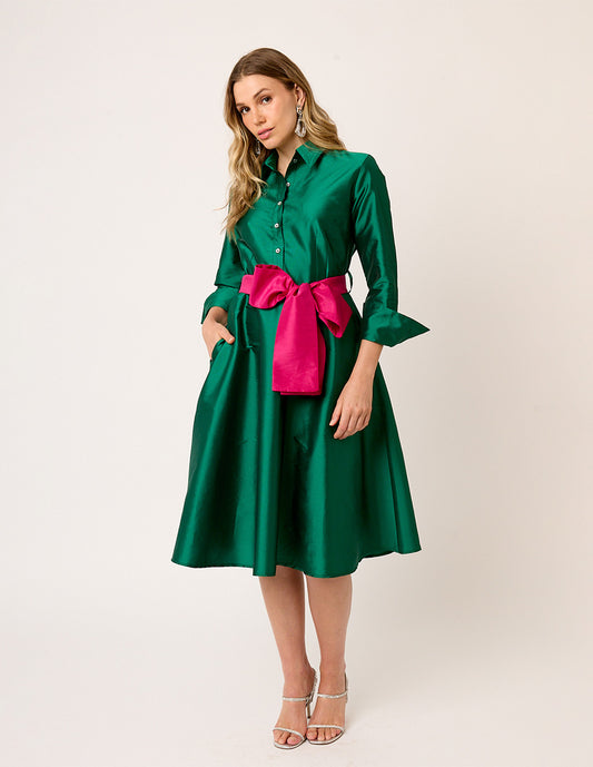 VESTIDO FORMAL CAMISERO VERDE DE TAFETA LARGO MIDI VERT