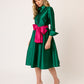 VESTIDO FORMAL CAMISERO VERDE DE TAFETA LARGO MIDI  CON CINTURON VERT