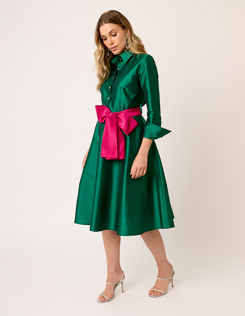 VESTIDO FORMAL CAMISERO VERDE DE TAFETA LARGO MIDI  CON CINTURON VERT