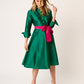 VESTIDO FORMAL CAMISERO VERDE DE TAFETA LARGO MIDI VERT