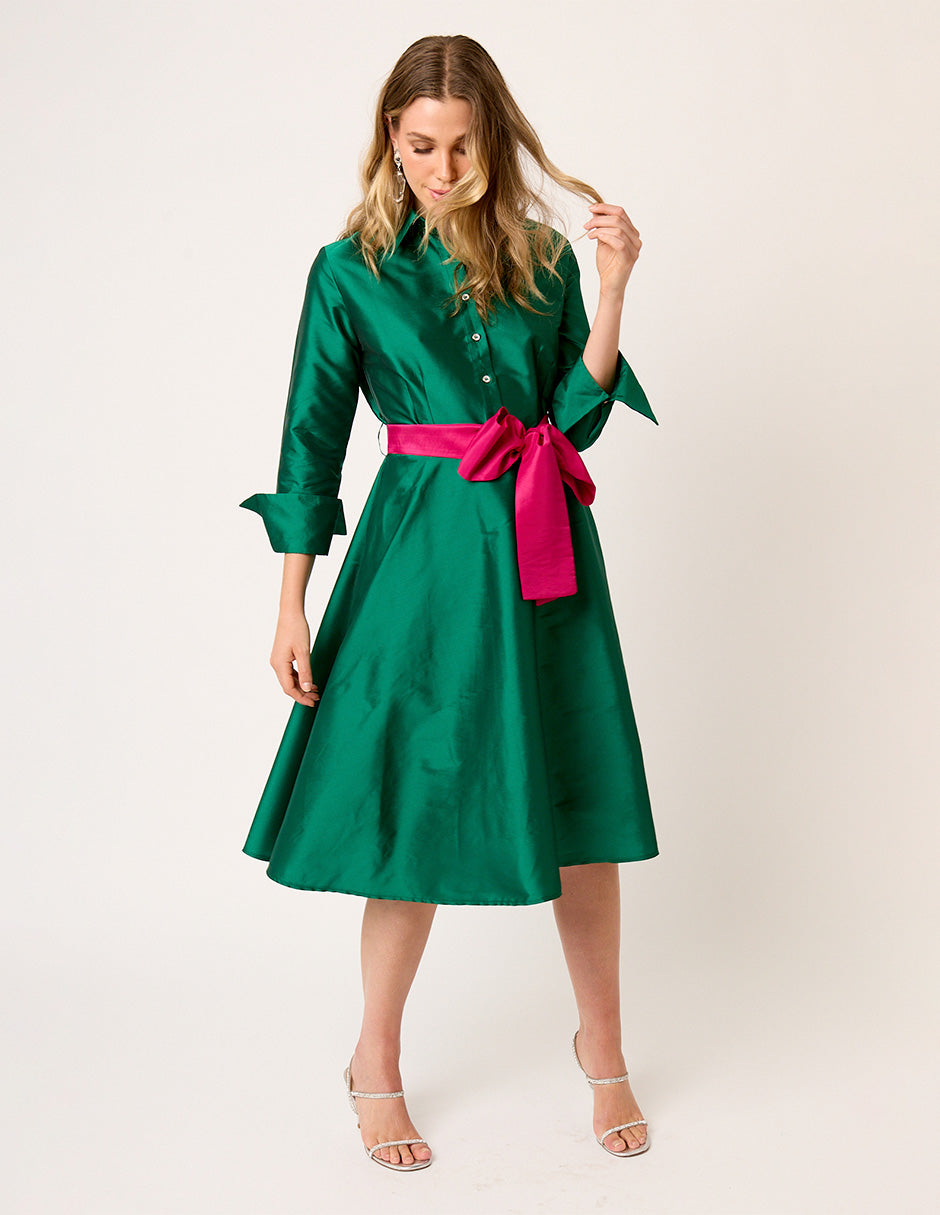 VESTIDO FORMAL CAMISERO VERDE DE TAFETA LARGO MIDI VERT