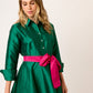 VESTIDO FORMAL CAMISERO VERDE CON BOTONES  DE TAFETA LARGO MIDI SEMICIRCULAR  VERT