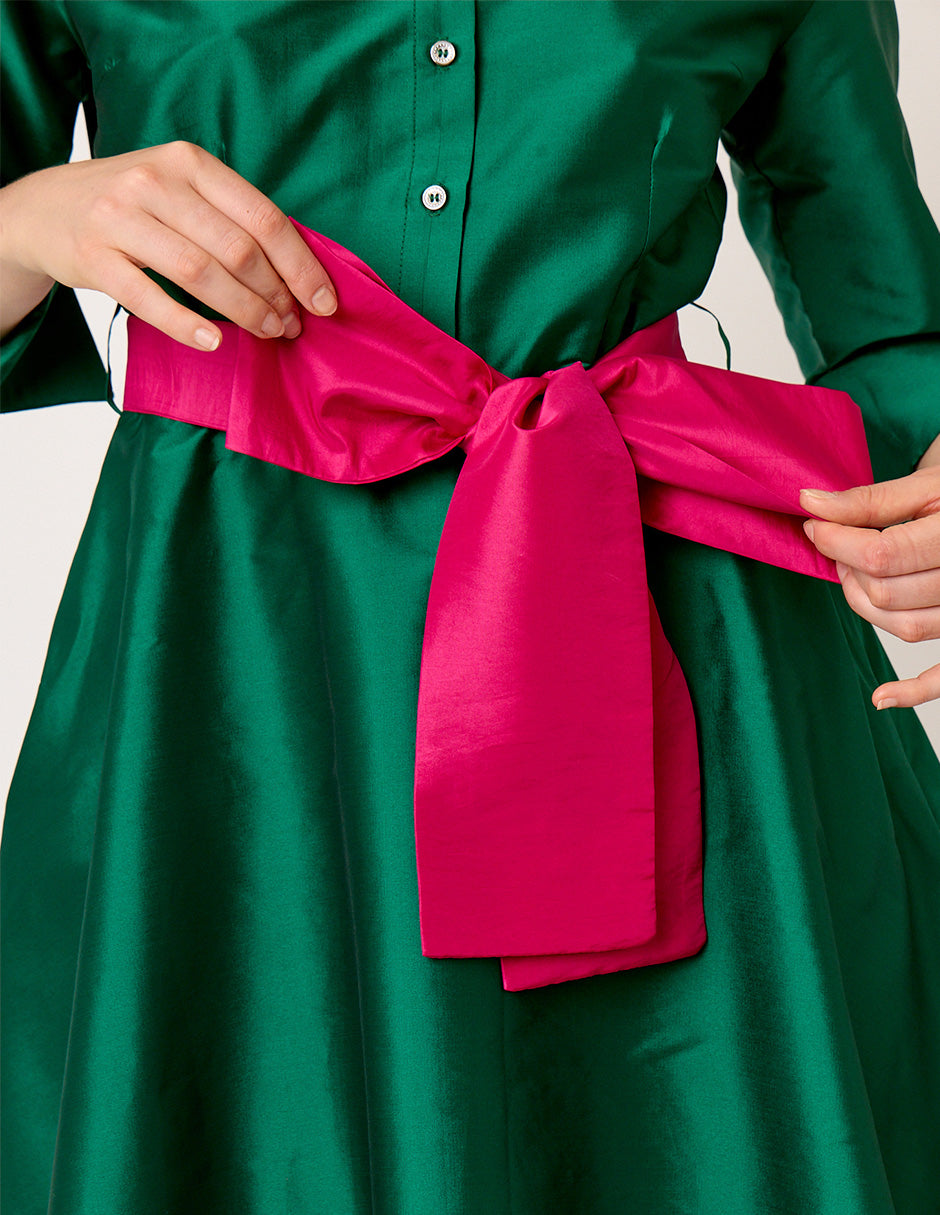 VESTIDO FORMAL CAMISERO VERDE DE TAFETA LARGO MIDI VERT