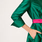 VESTIDO FORMAL CAMISERO VERDE DE TAFETA LARGO MIDI  MANGA 3/4 CON PUÑO VERT