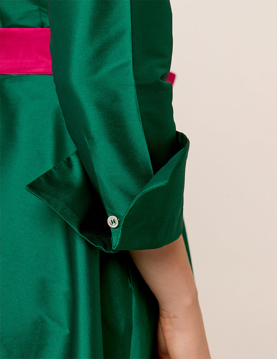 VESTIDO FORMAL CAMISERO VERDE DE TAFETA LARGO MIDI VERT