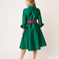 VESTIDO FORMAL CAMISERO VERDE DE TAFETA LARGO MIDI  MANGA 3/4 Y PUÑO VERT