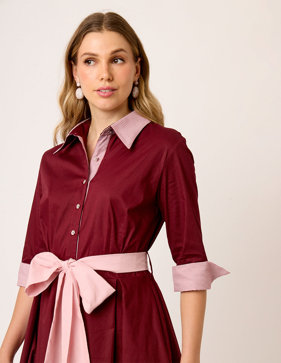 VESTIDO CASUAL CAMISERO  DE ALGODÓN  CON BOTONES  MANGA 3/4 CON PUÑOS CON FALDA TABLEADA Y CINTURÓN SORBONA