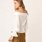 BLUSA CAMISERA CON ESCOTE BARDOT HOMBROS DESCUBIERTOS  Y BOTONES MANGA LARGA SORBONA VISTA ESPALDA