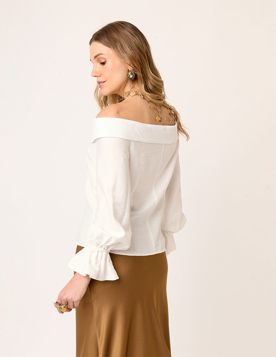 BLUSA CAMISERA CON ESCOTE BARDOT HOMBROS DESCUBIERTOS  Y BOTONES MANGA LARGA SORBONA VISTA ESPALDA