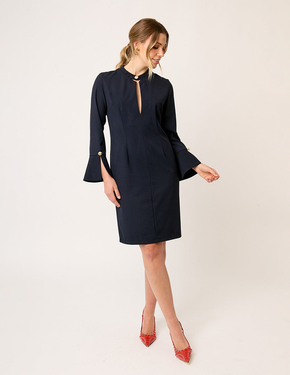 VESTIDO FORMAL RECTO DE MANGA LARGA CON BOTONES DORADOS HAUSSMAN