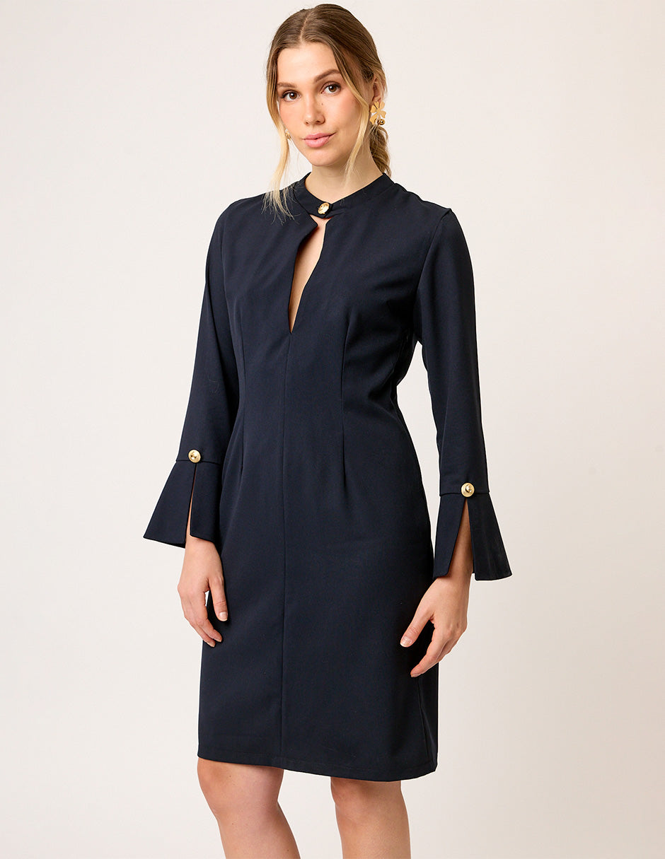 VESTIDO FORMAL RECTO DE MANGA LARGA CON BOTONES DORADOS HAUSSMAN AZUL MARINO CON ABERTURA EN CUELLO