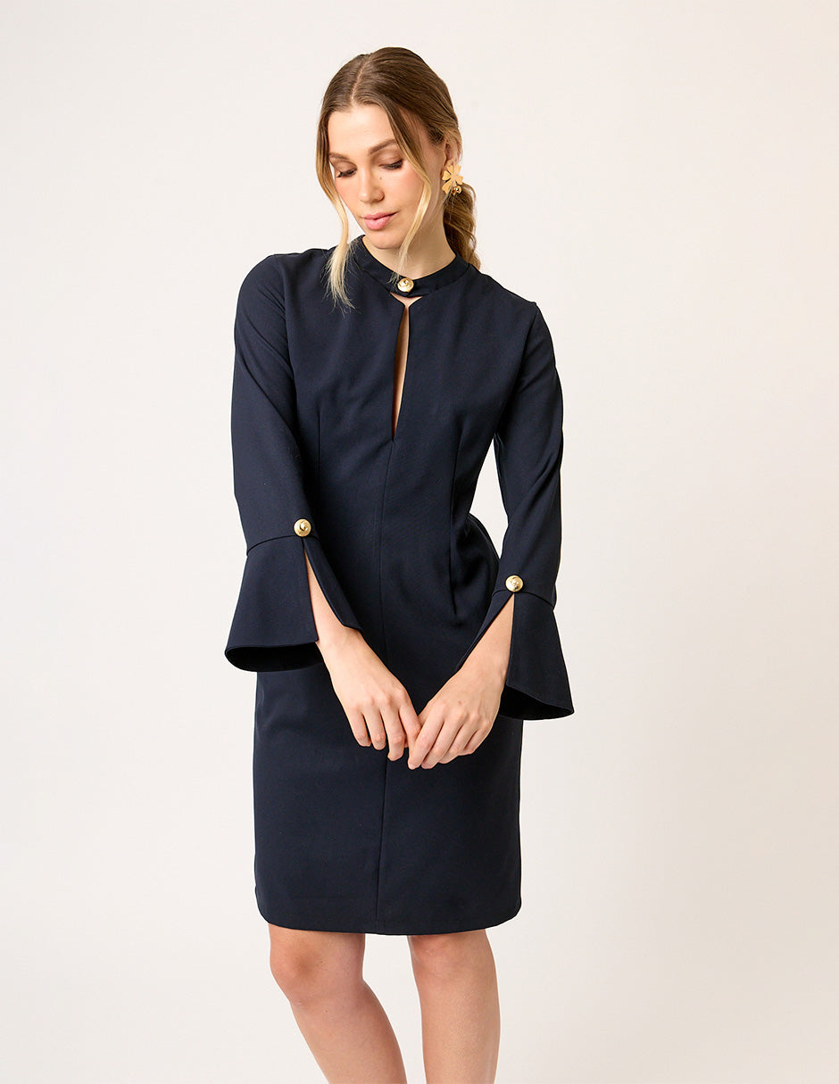 VESTIDO FORMAL RECTO DE MANGA LARGA CON BOTONES DORADOS HAUSSMAN