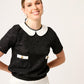 BLUSA NEGRA CASUAL DE TWEED MANGA CORTA CON CUELLO EN SATÍN IVORY LOUVRE