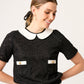 BLUSA NEGRA CASUAL DE TWEED MANGA CORTA CON CUELLO EN SATÍN IVORY LOUVRE CON RESORTE EN CINTURA