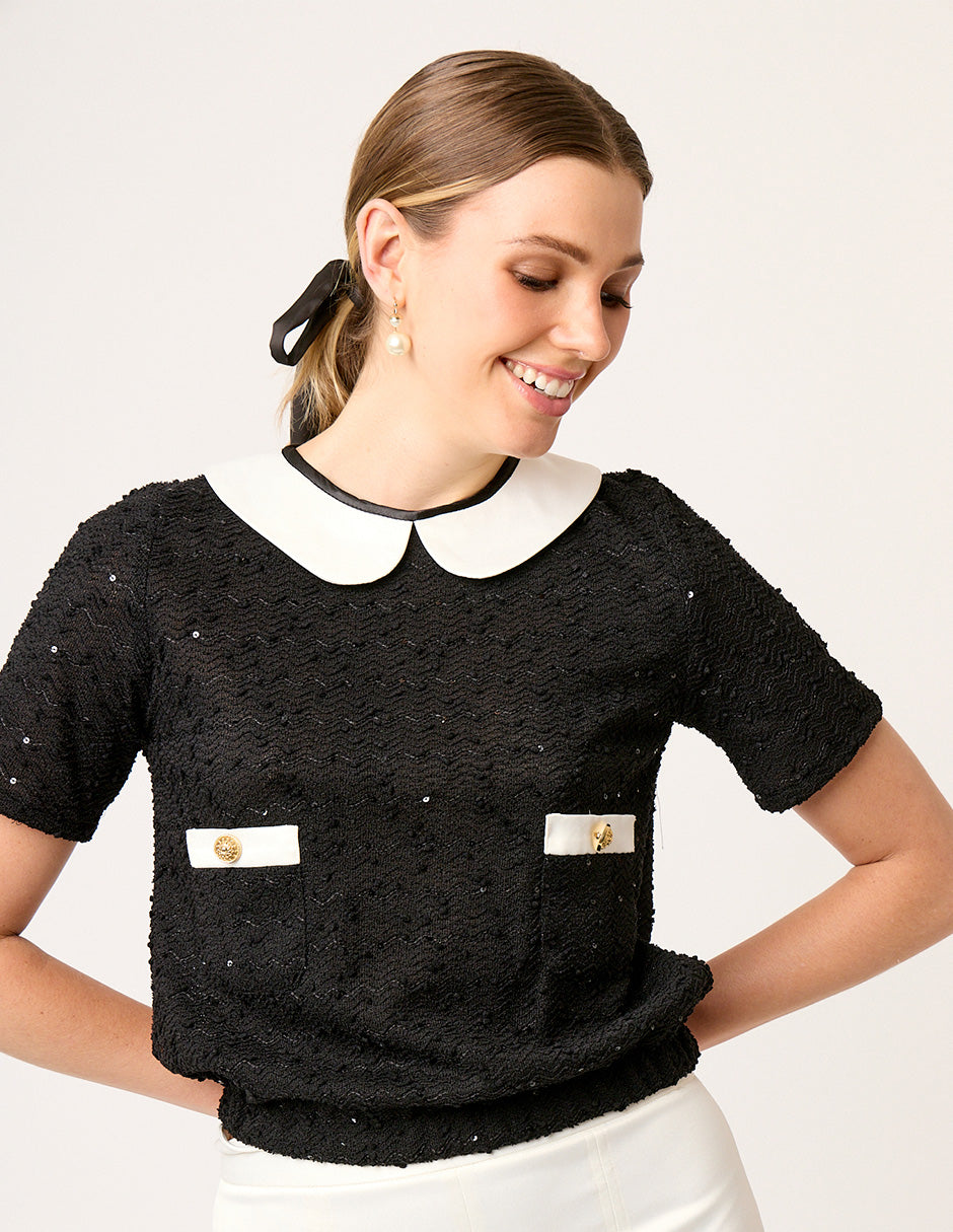 BLUSA NEGRA CASUAL DE TWEED MANGA CORTA CON CUELLO EN SATÍN IVORY LOUVRE CON RESORTE EN CINTURA