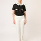 BLUSA NEGRA CASUAL DE TWEED MANGA CORTA CON CUELLO EN SATÍN IVORY LOUVRE CON CUELLO A CONTRASTE