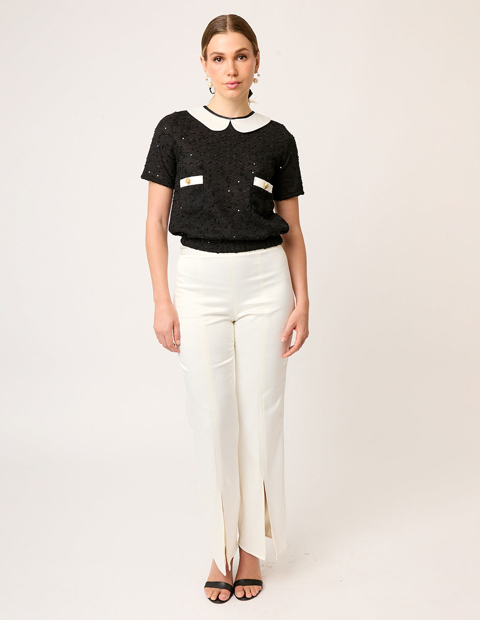 BLUSA NEGRA CASUAL DE TWEED MANGA CORTA CON CUELLO EN SATÍN IVORY LOUVRE CON CUELLO A CONTRASTE