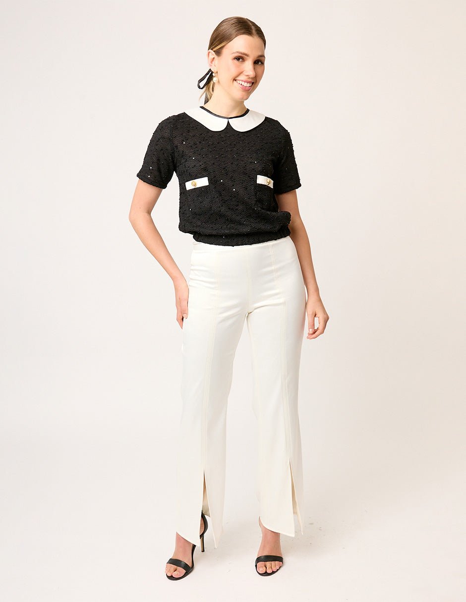 BLUSA NEGRA CASUAL DE TWEED MANGA CORTA CON CUELLO EN SATÍN IVORY LOUVRE