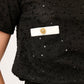 BLUSA NEGRA CASUAL DE TWEED MANGA CORTA CON CUELLO EN SATÍN IVORY LOUVRE