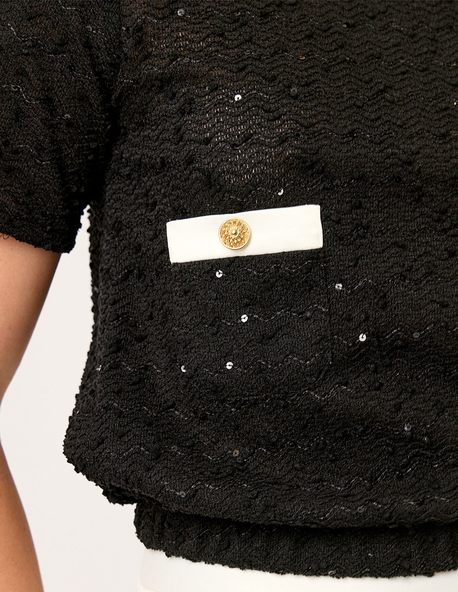 BLUSA NEGRA CASUAL DE TWEED MANGA CORTA CON CUELLO EN SATÍN IVORY LOUVRE