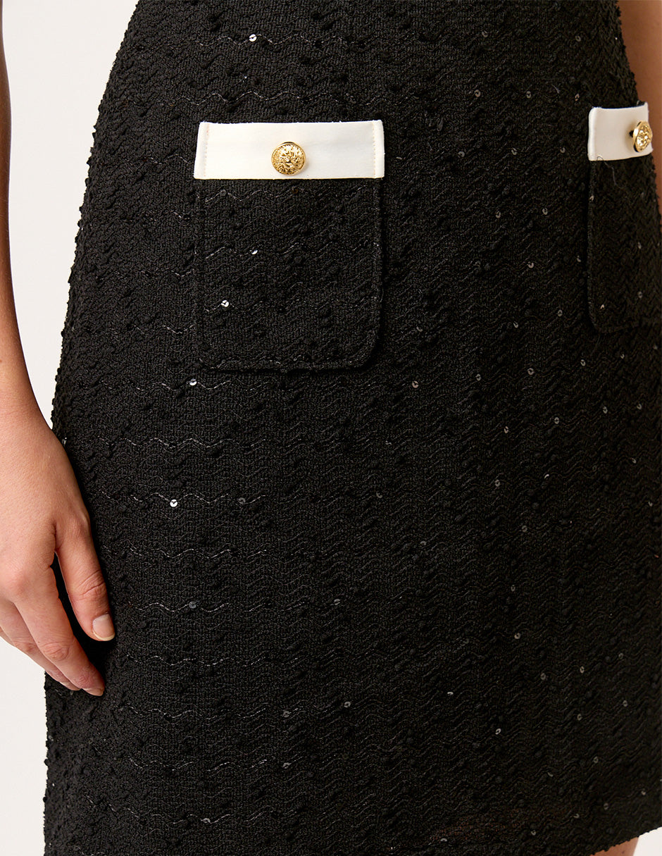 VESTIDO NEGRO FORMAL DE TWEED CON TAPETAS Y ALETILLAS EN SATÍN IVORY LOUVRE