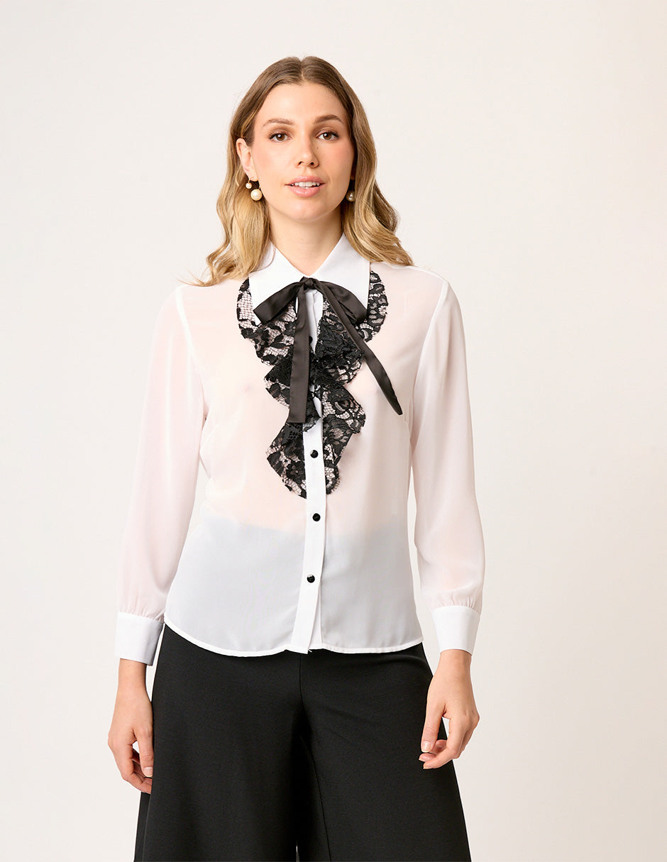 BLUSA CAMISERA BLANCA  DE GASA MANGA LARGA CON OLÁN Y CORBATÍN NEGRO MONTIJO