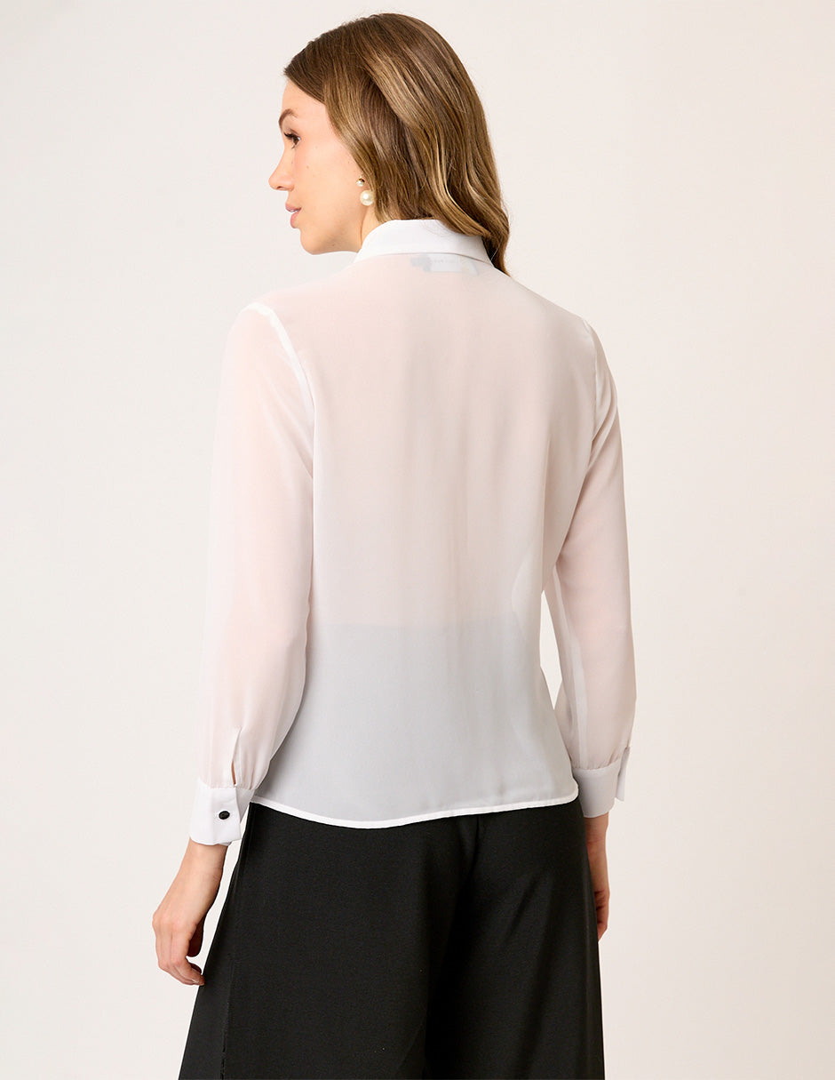 BLUSA CAMISERA DE GASA MANGA LARGA CON OLÁN Y CORBATÍN NEGRO MONTIJO VISTA ESPALDA