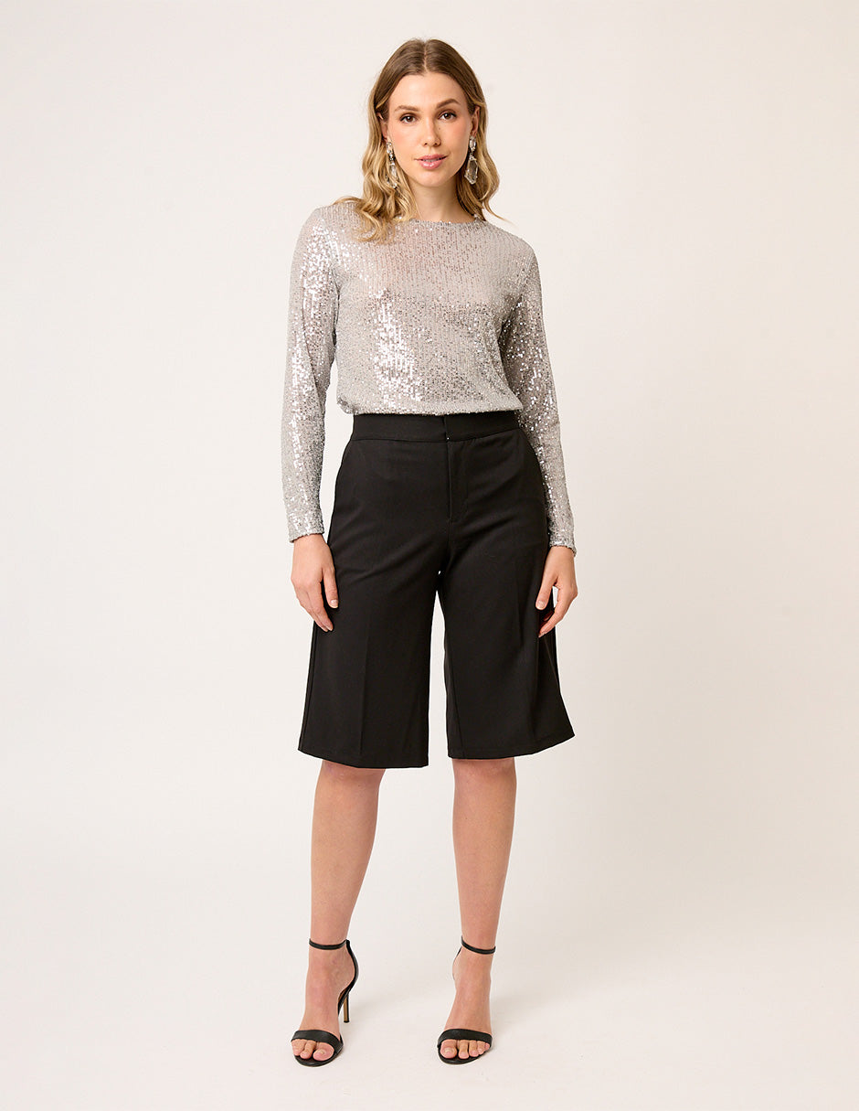 BLUSA MANGA LARGA DE LENTEJUELAS PLATEADAS Y CUELLO REDONDO  SAINT GERMAIN
